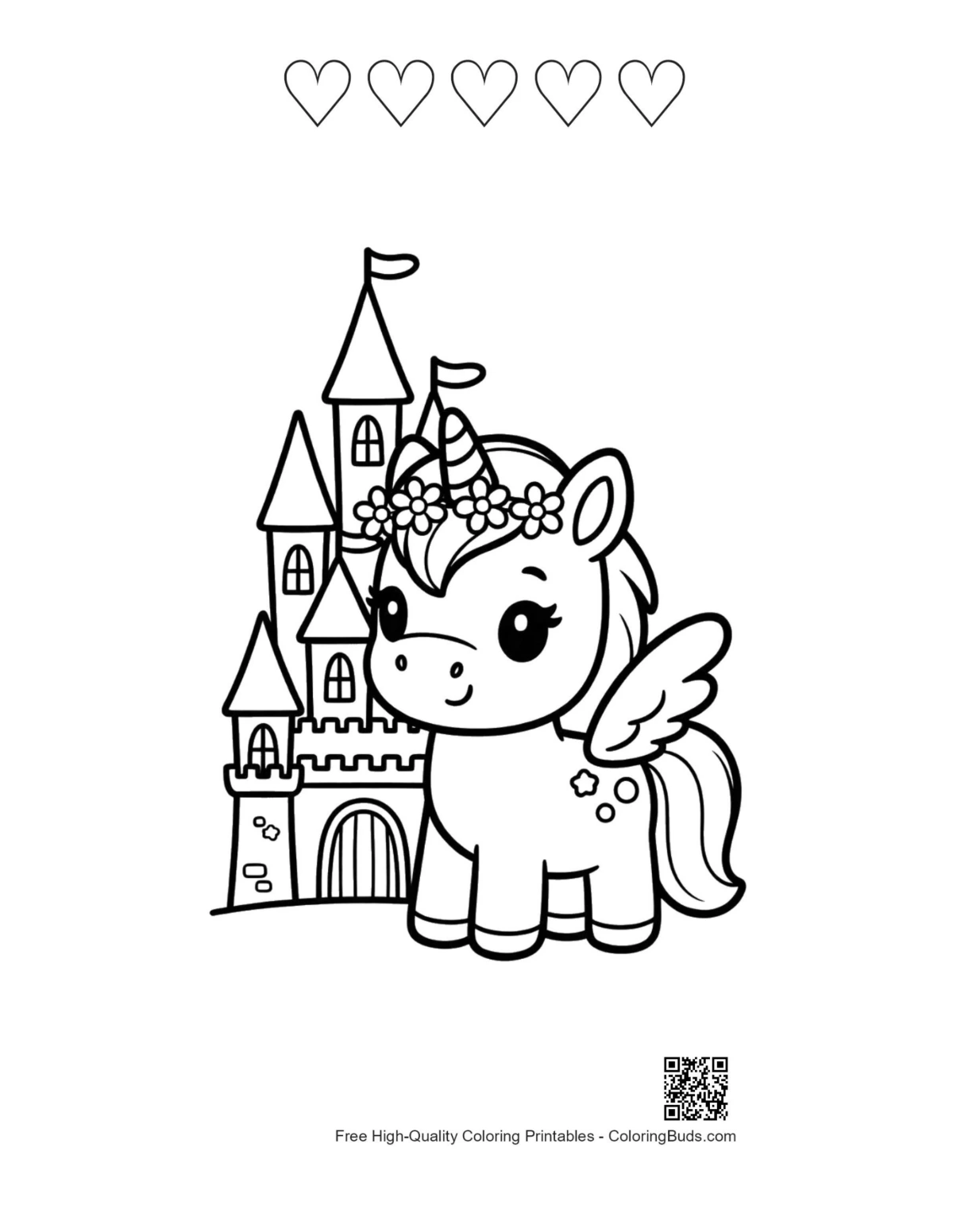 Easy pony coloring with 5 heart outlines