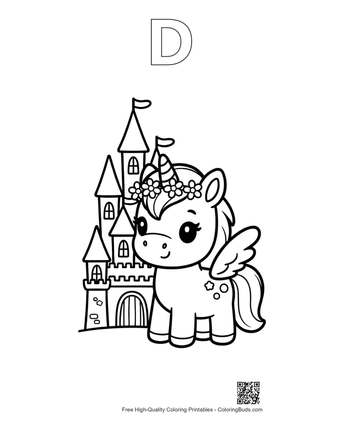 Pony coloring page outline with alphabet D