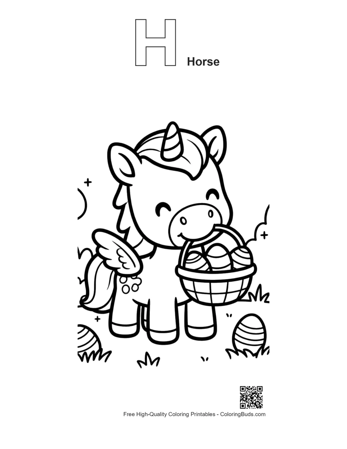 Happy pony eggs outline alphabet H horse printable