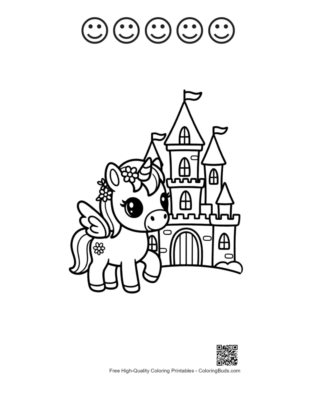 Little pony castle coloring with 5 happy faces