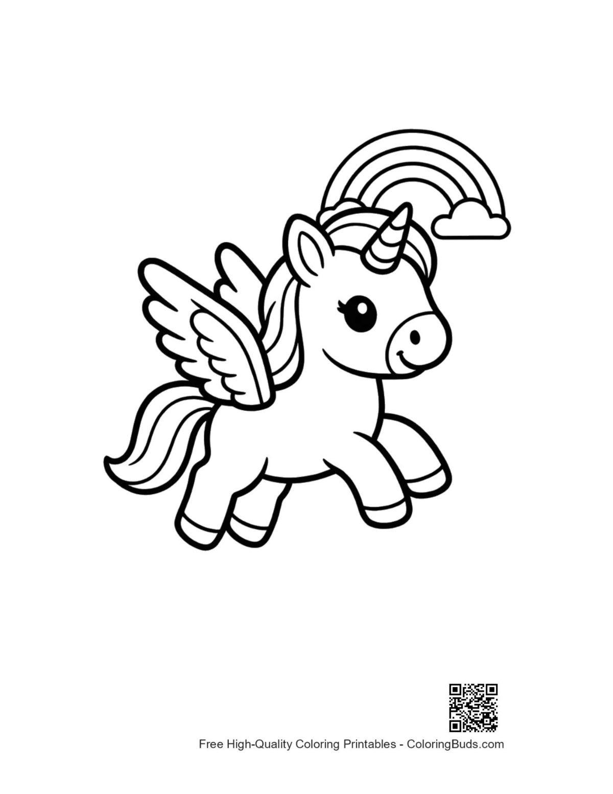 Cute little pony flying under rainbow coloring page