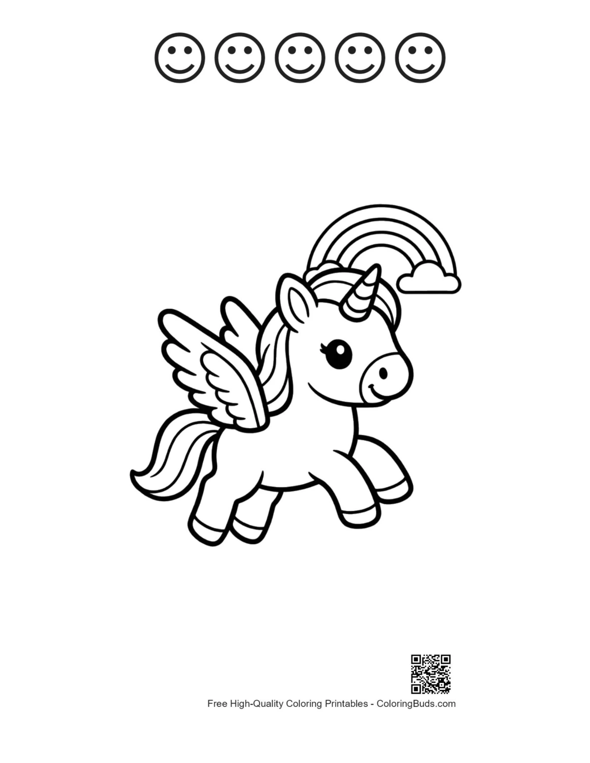 Pony under rainbow with happy face outlines printable