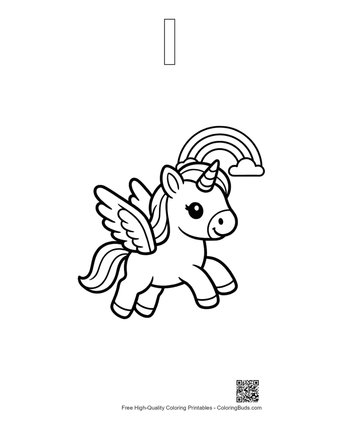 Pony flying under rainbow with letter I outline