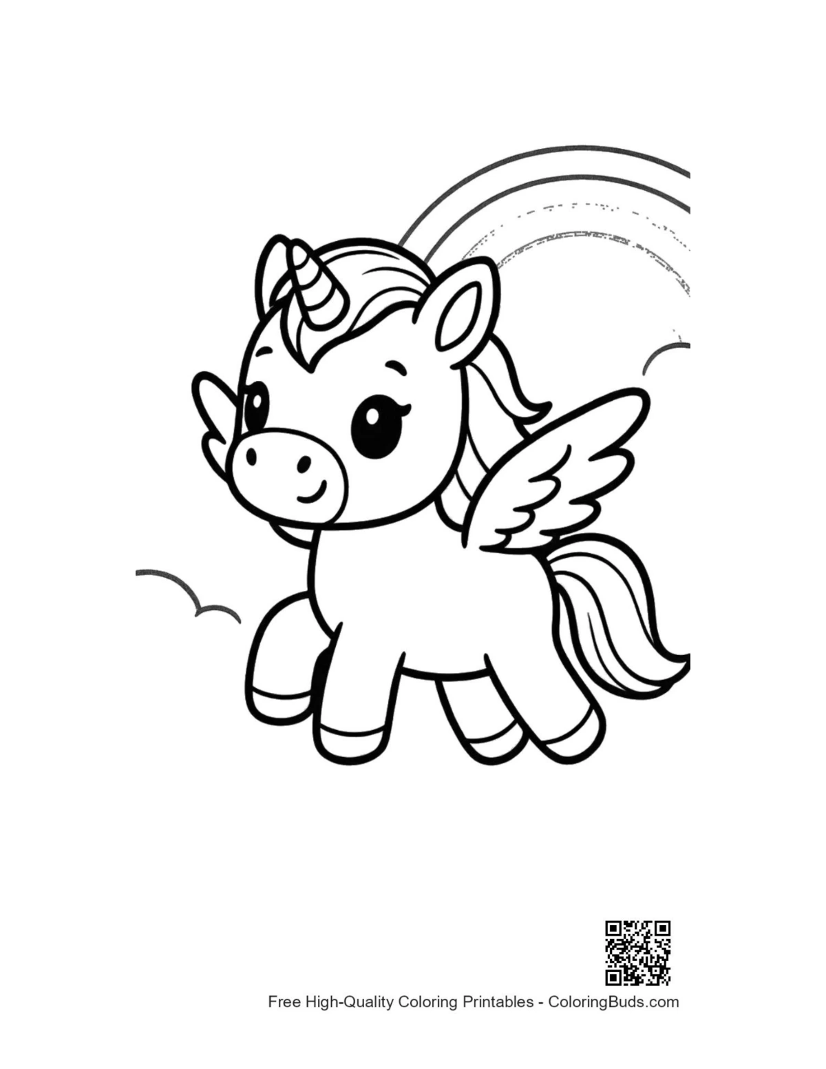 Magical winged pony leaping over rainbow pony coloring page