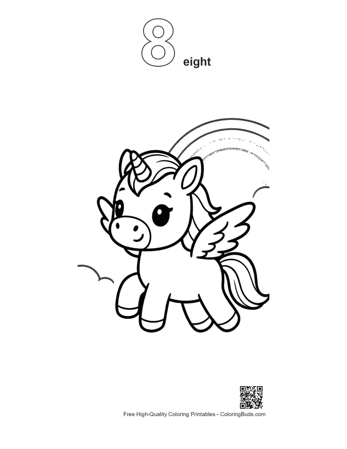 Magical pony rainbow printable outline number 8 coloring