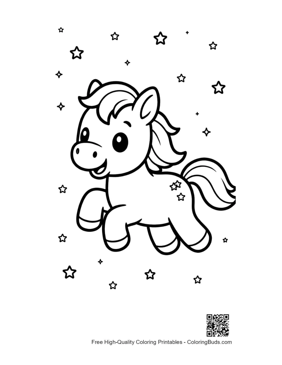 Magical winged pony soaring stars printable coloring page