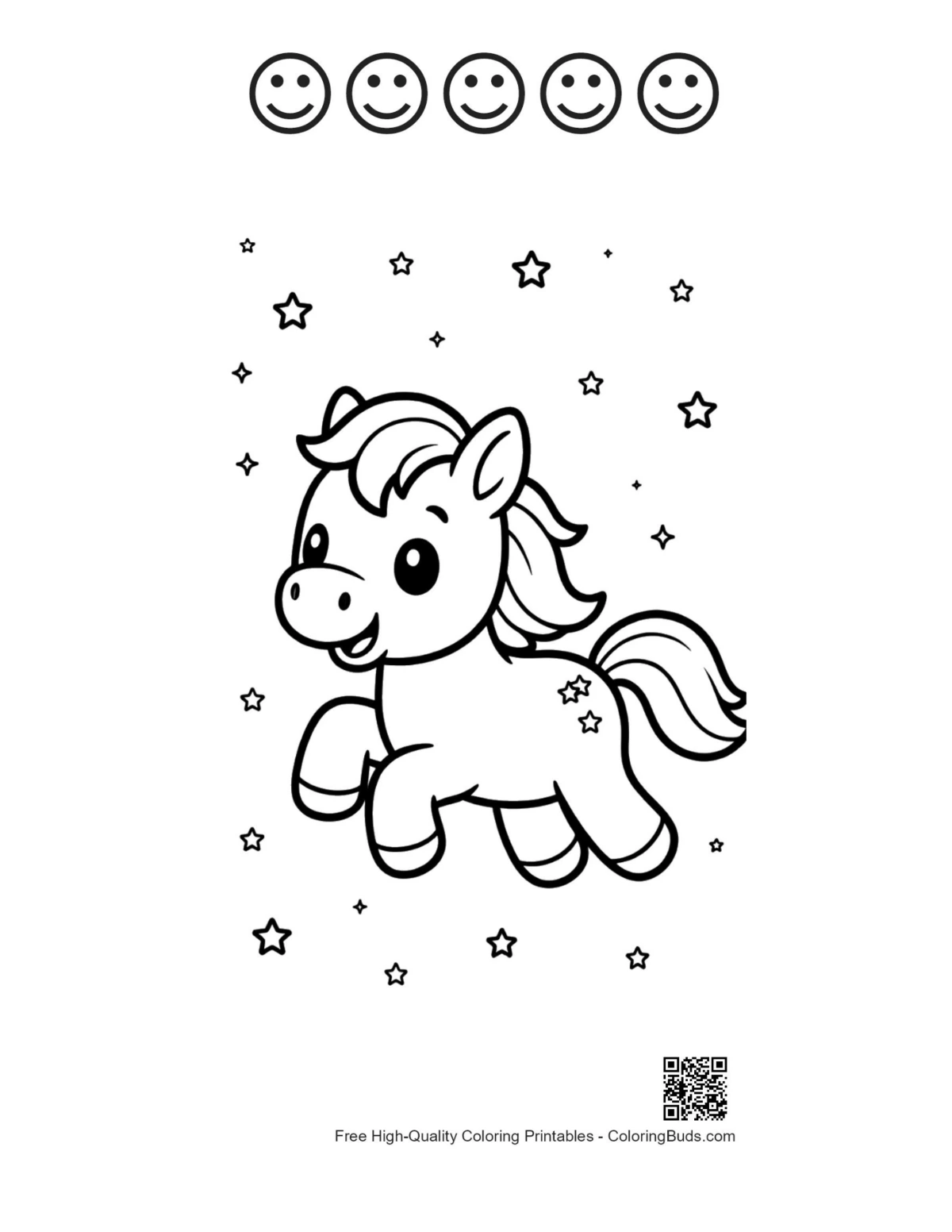 Magical pony stars printable with 5 happy faces outline