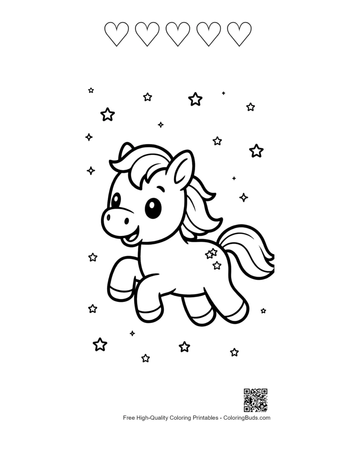 Pony with wings stars printable featuring 5 hearts outline