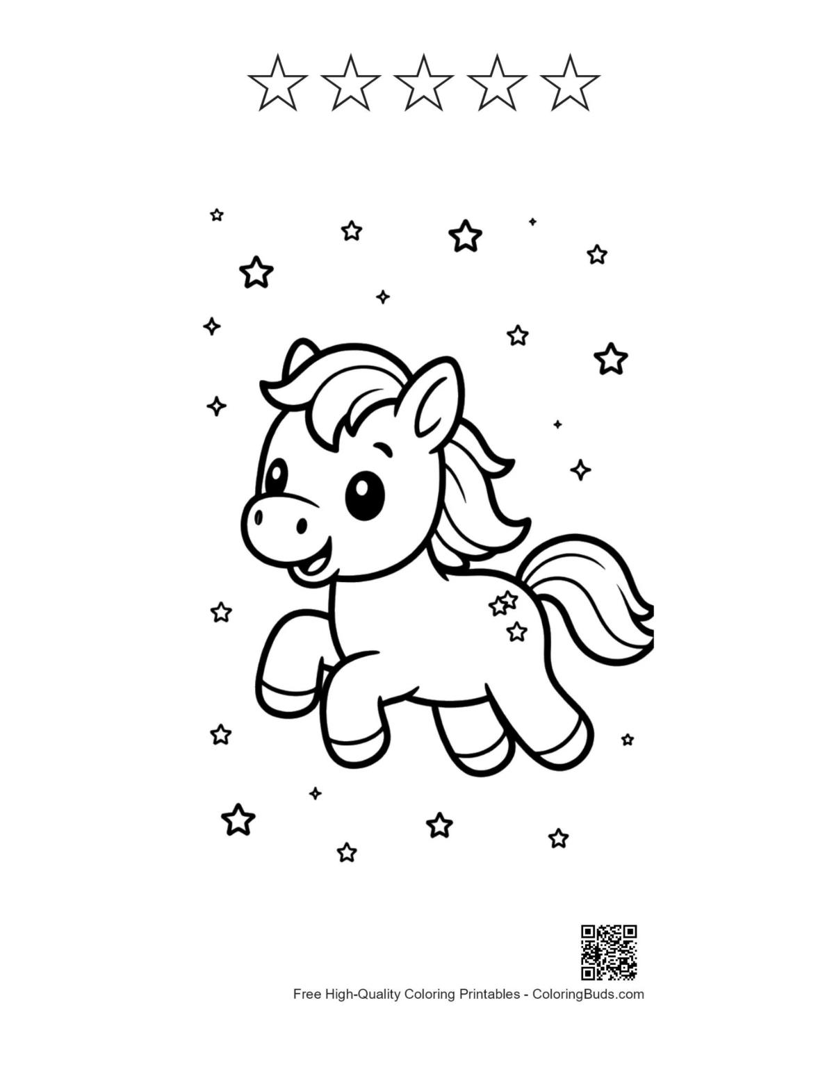 Winged pony soaring stars printable with 5 stars outline