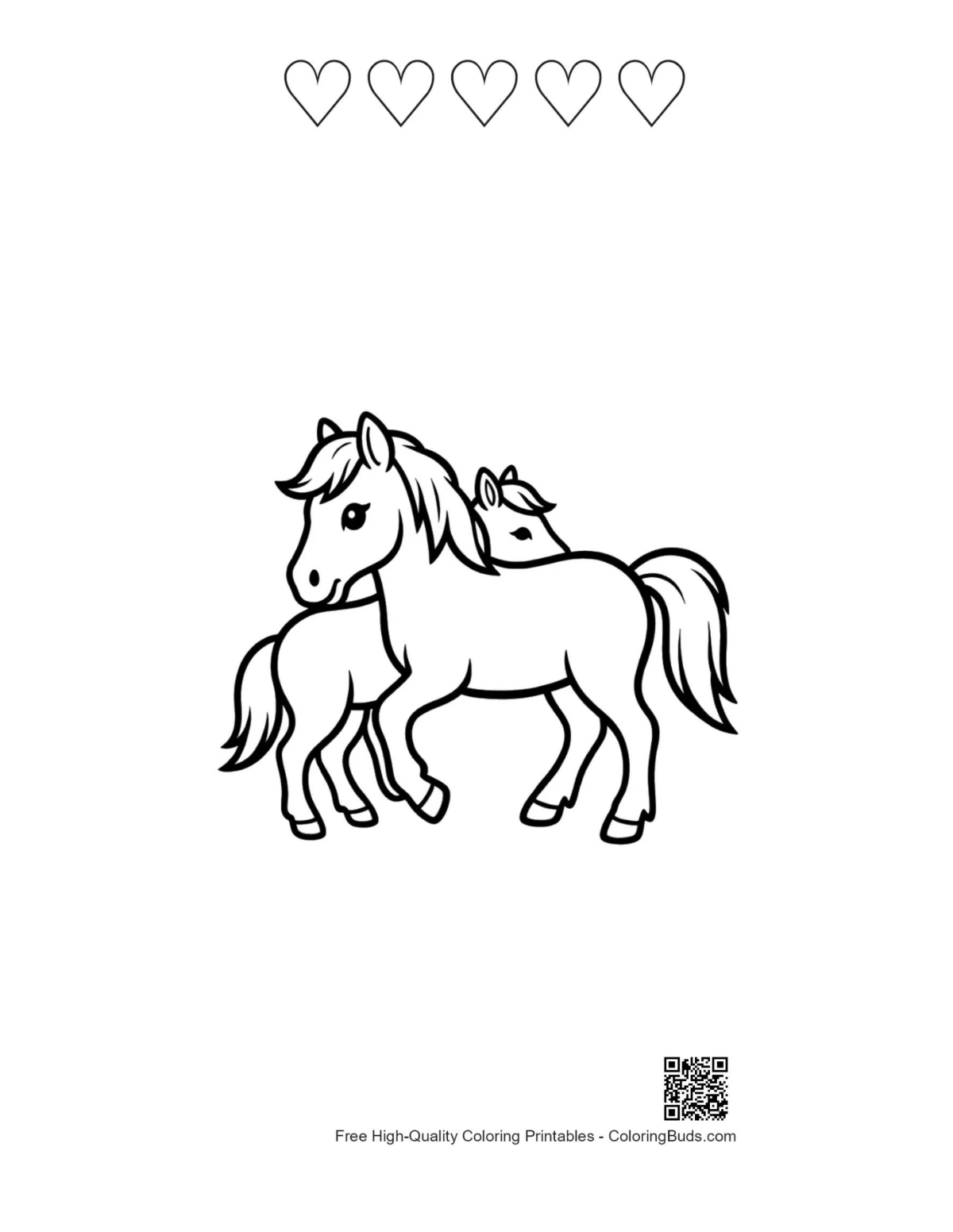 Mother pony foal outline with hearts printable
