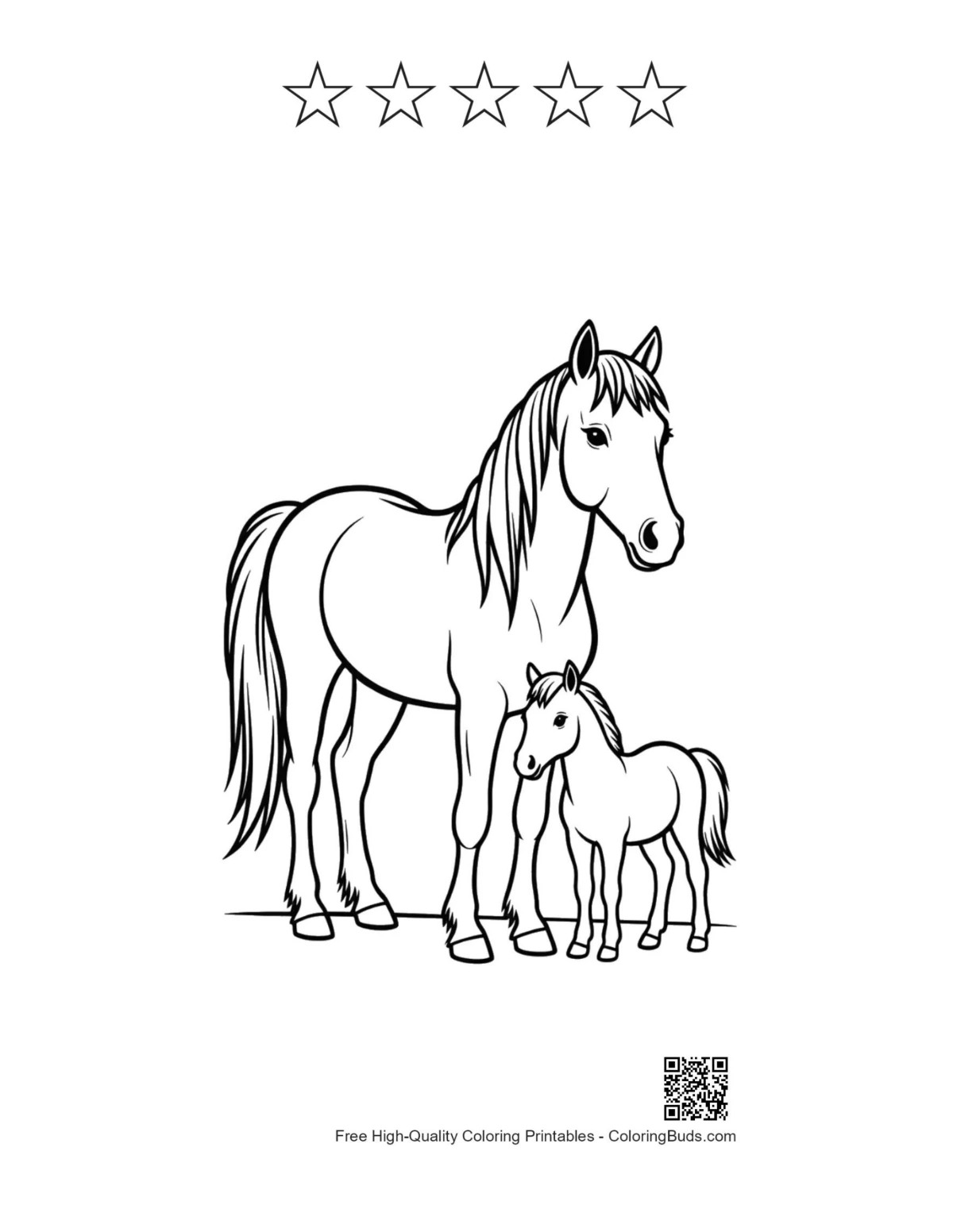 Mother pony outline with 5 stars printable