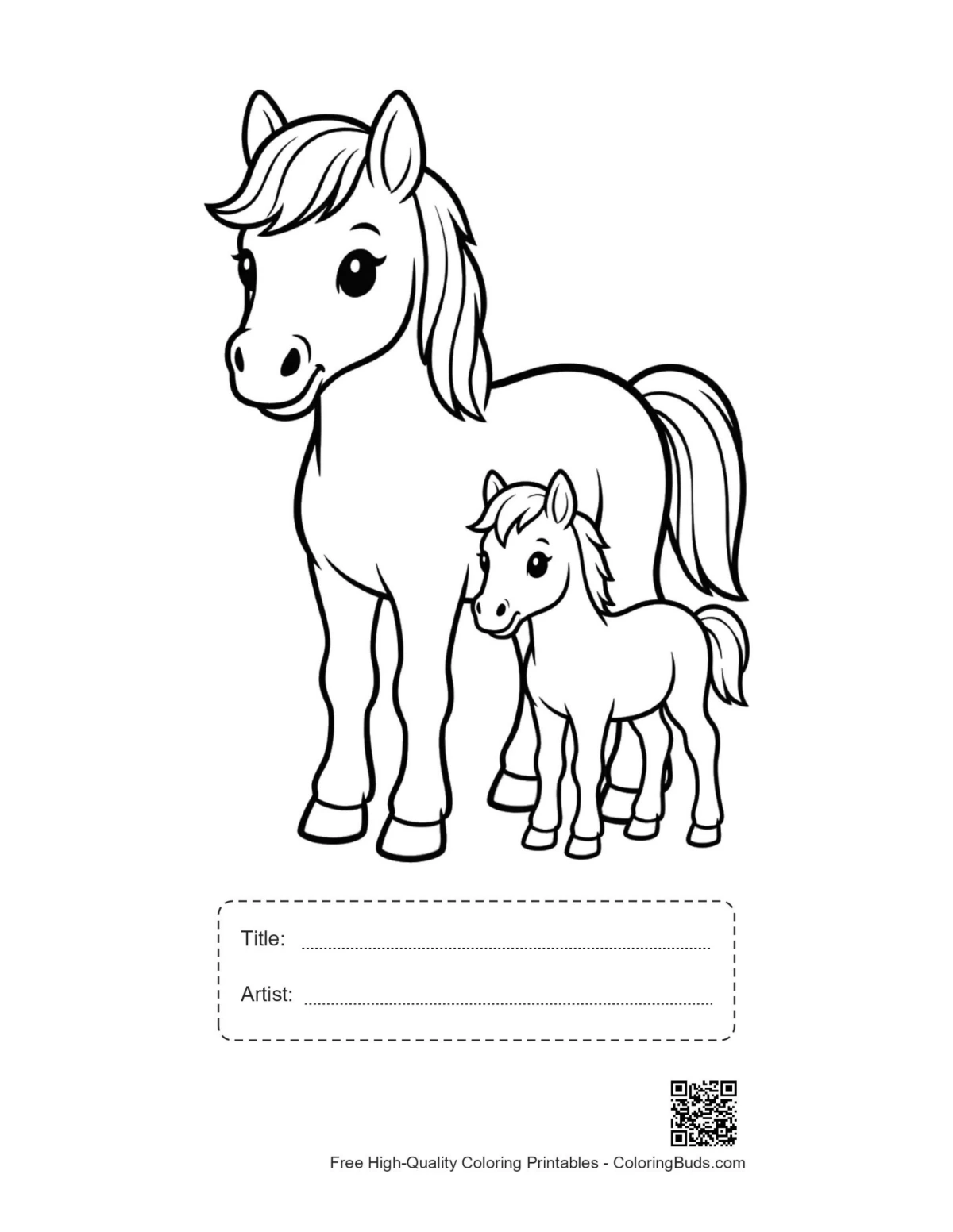 Printable mother pony foal outline with title box