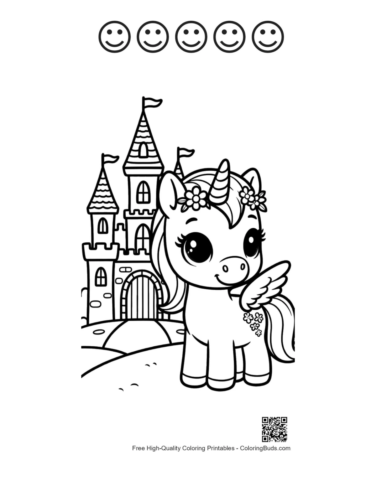 Cheerful pony printable with happy face outlines