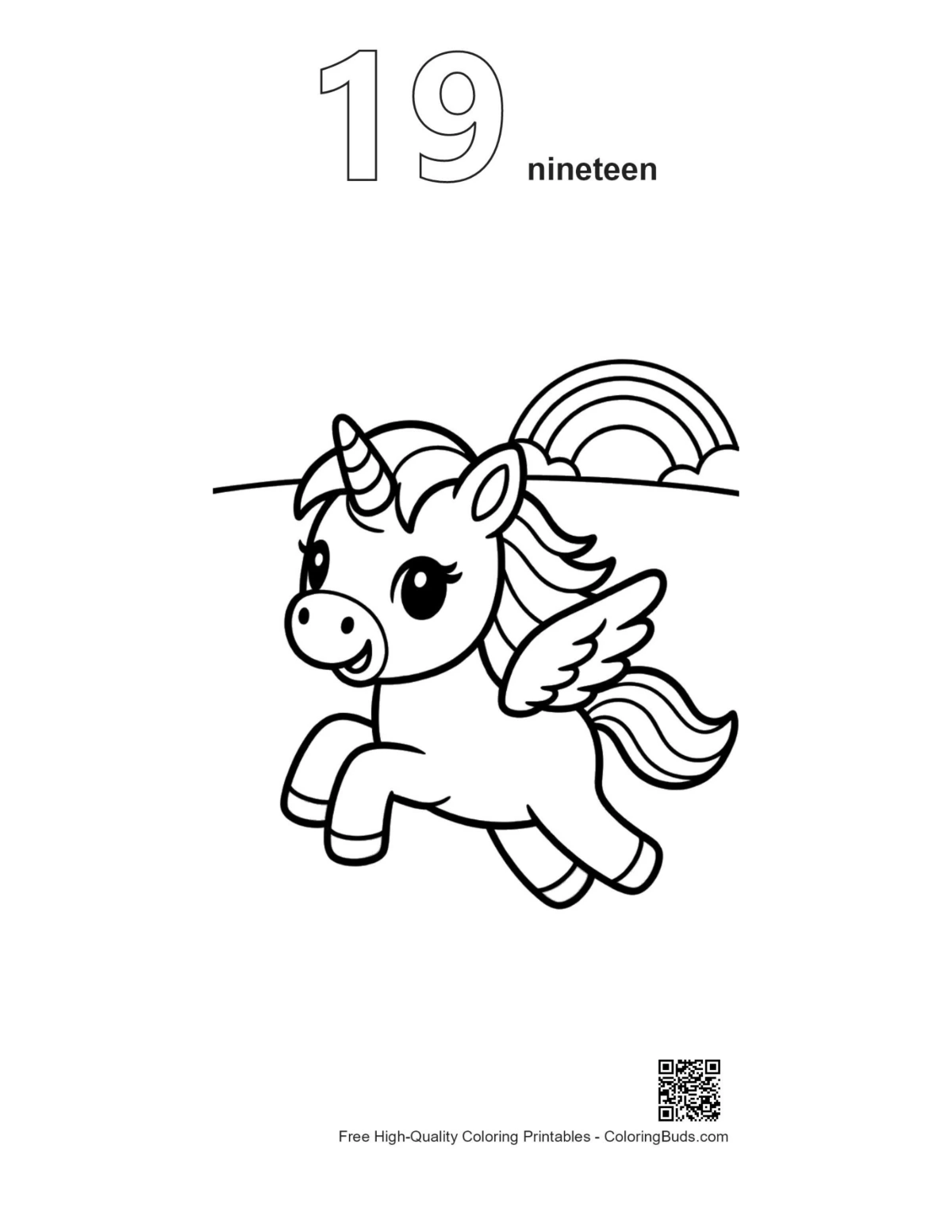 Pony flying clouds rainbow outline number 19 coloring