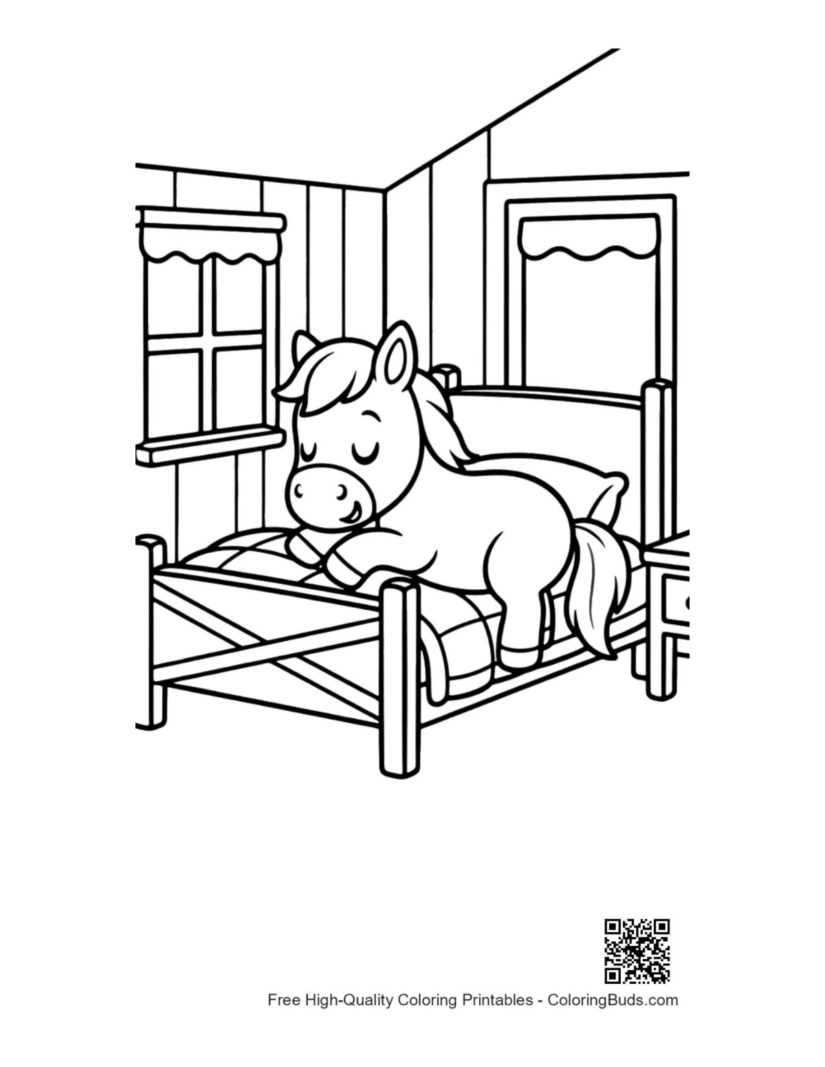 Small pony sleeping under bright lamp coloring page