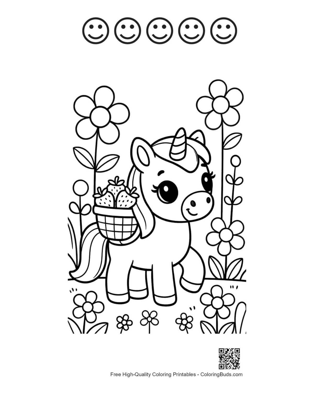 Sweet pony with 5 happy face outlines flower garden printable
