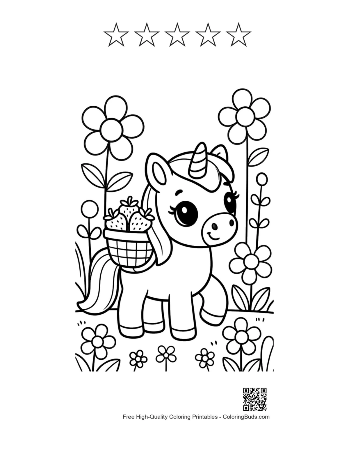 Sweet pony garden printable with 5 star outline coloring sheet