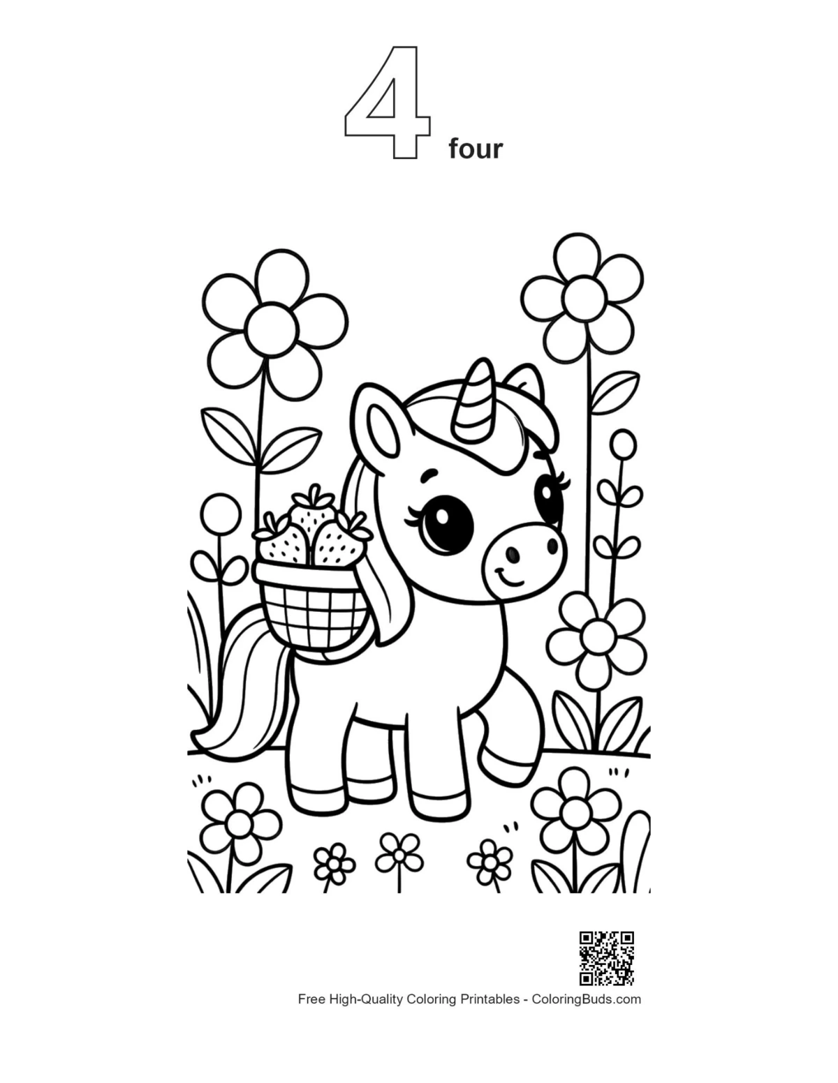 Sweet pony flower garden outline number 4 coloring page