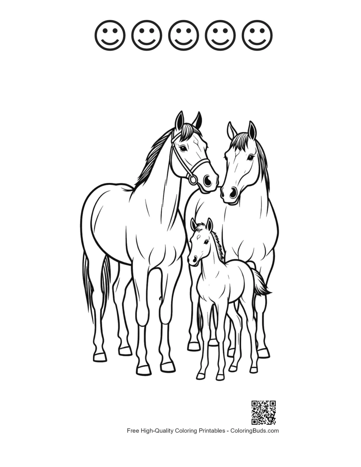 Printable horse outline with five happy faces
