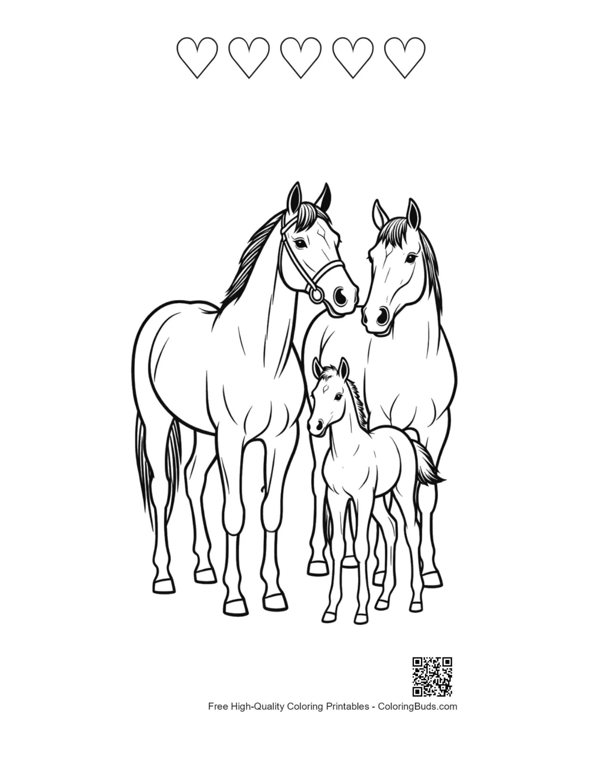 Horse family printable featuring five heart outlines