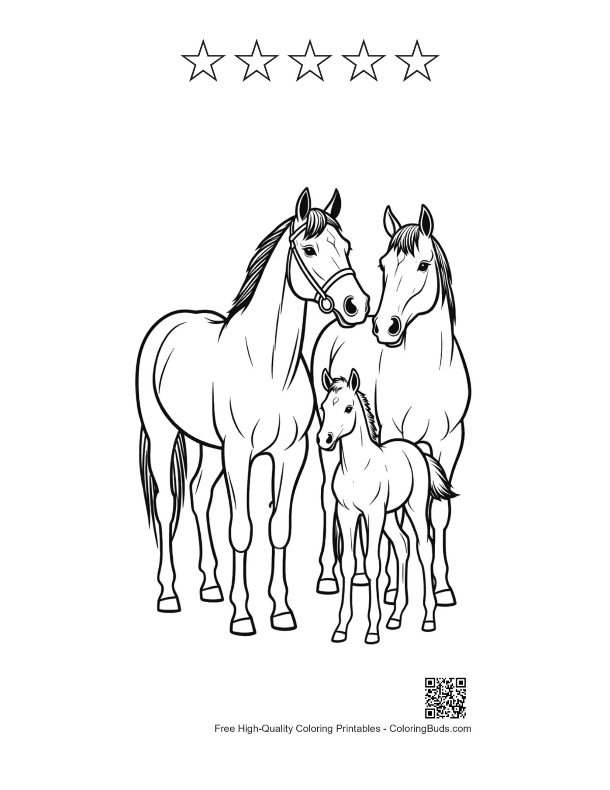 Horse family printable with five star outlines included