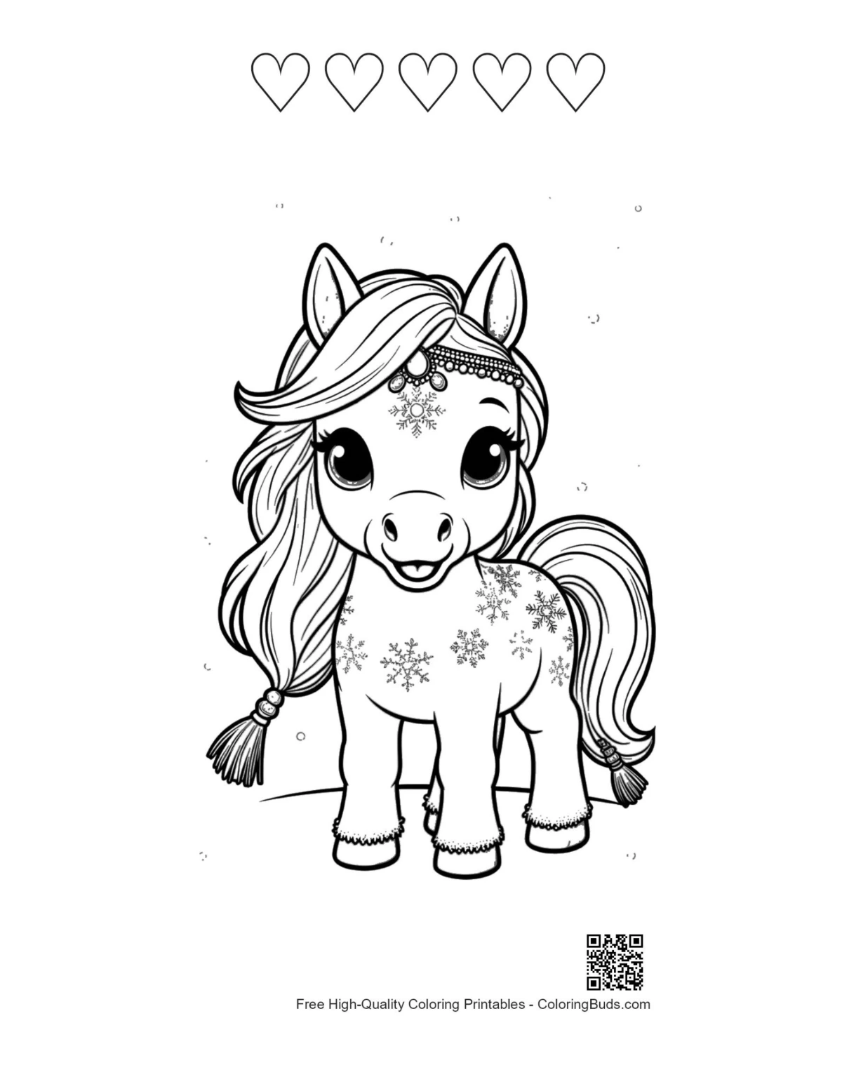 Pony with flower patterns and 5 heart outlines printable