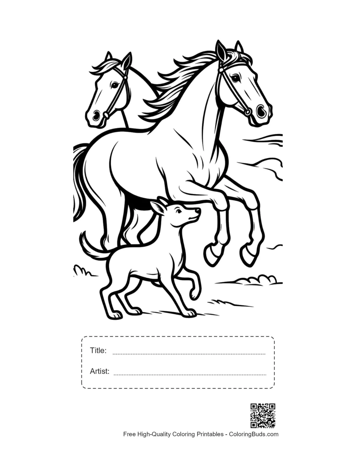 Printable racehorses and puppy outline with title box