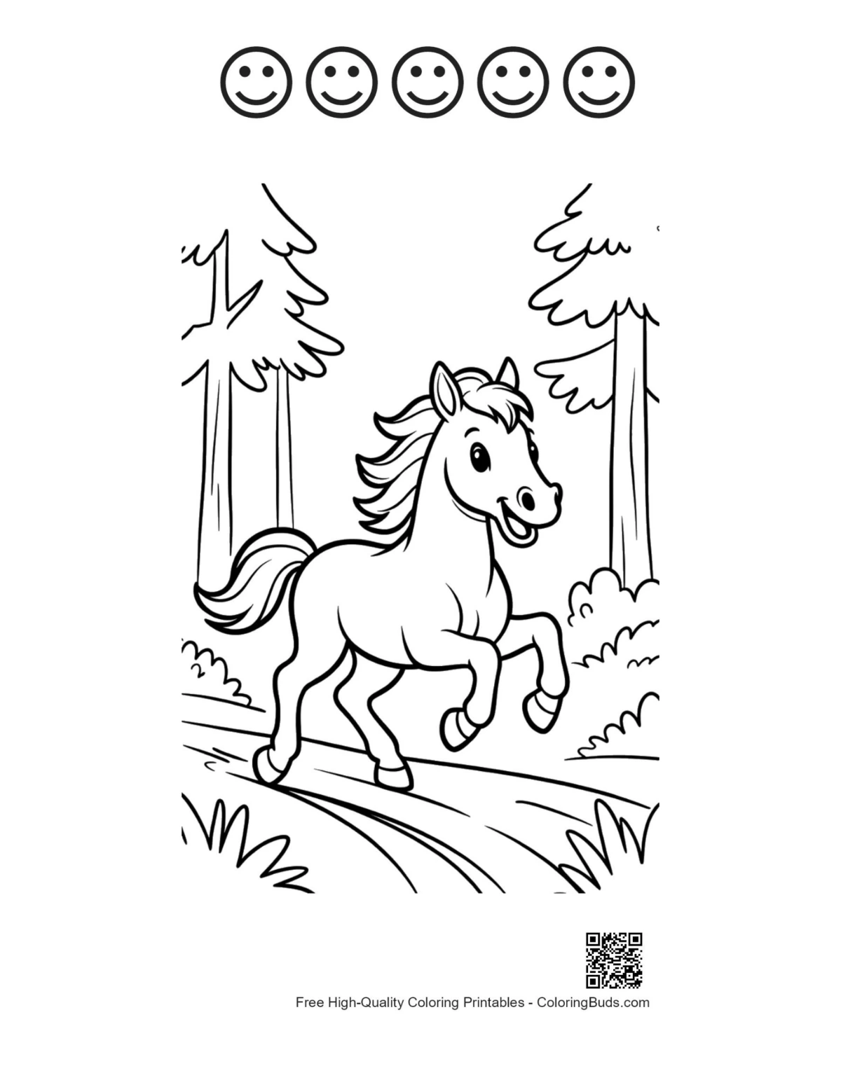 Race horse meadow with 5 happy faces outline printable
