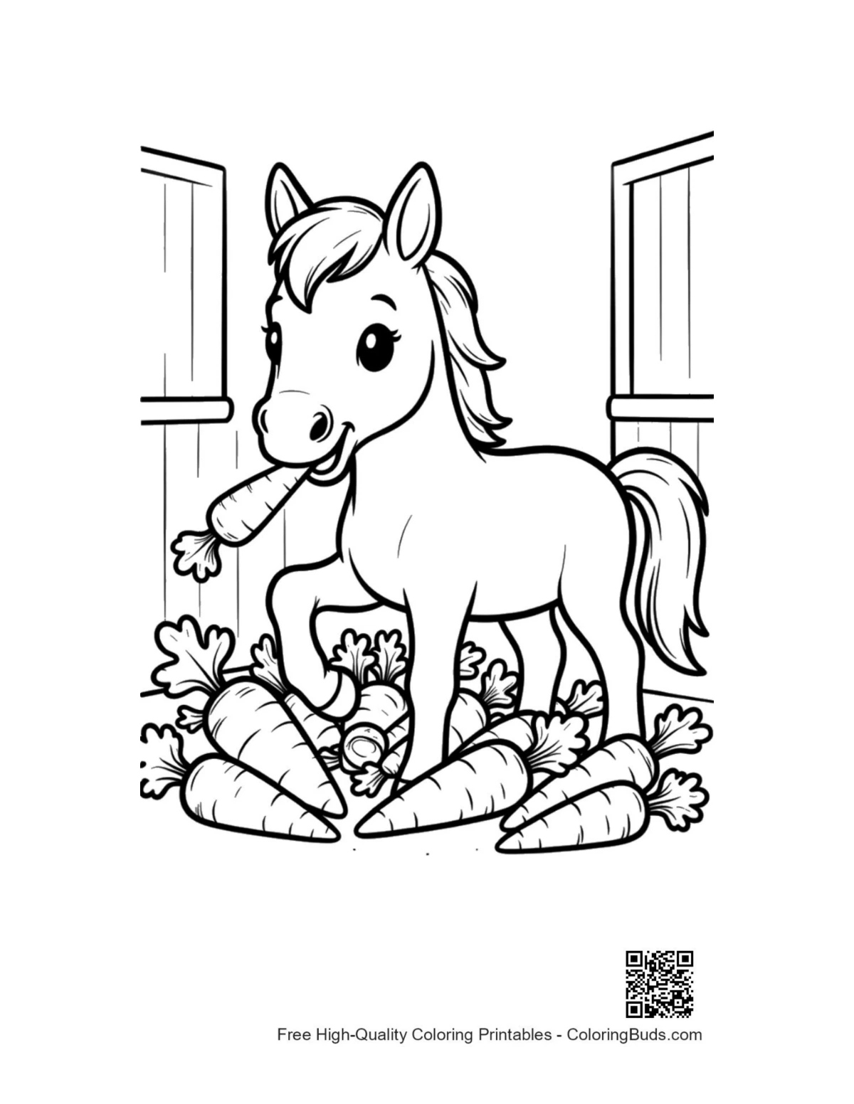 Happy race horse eating hay carrots printable coloring page