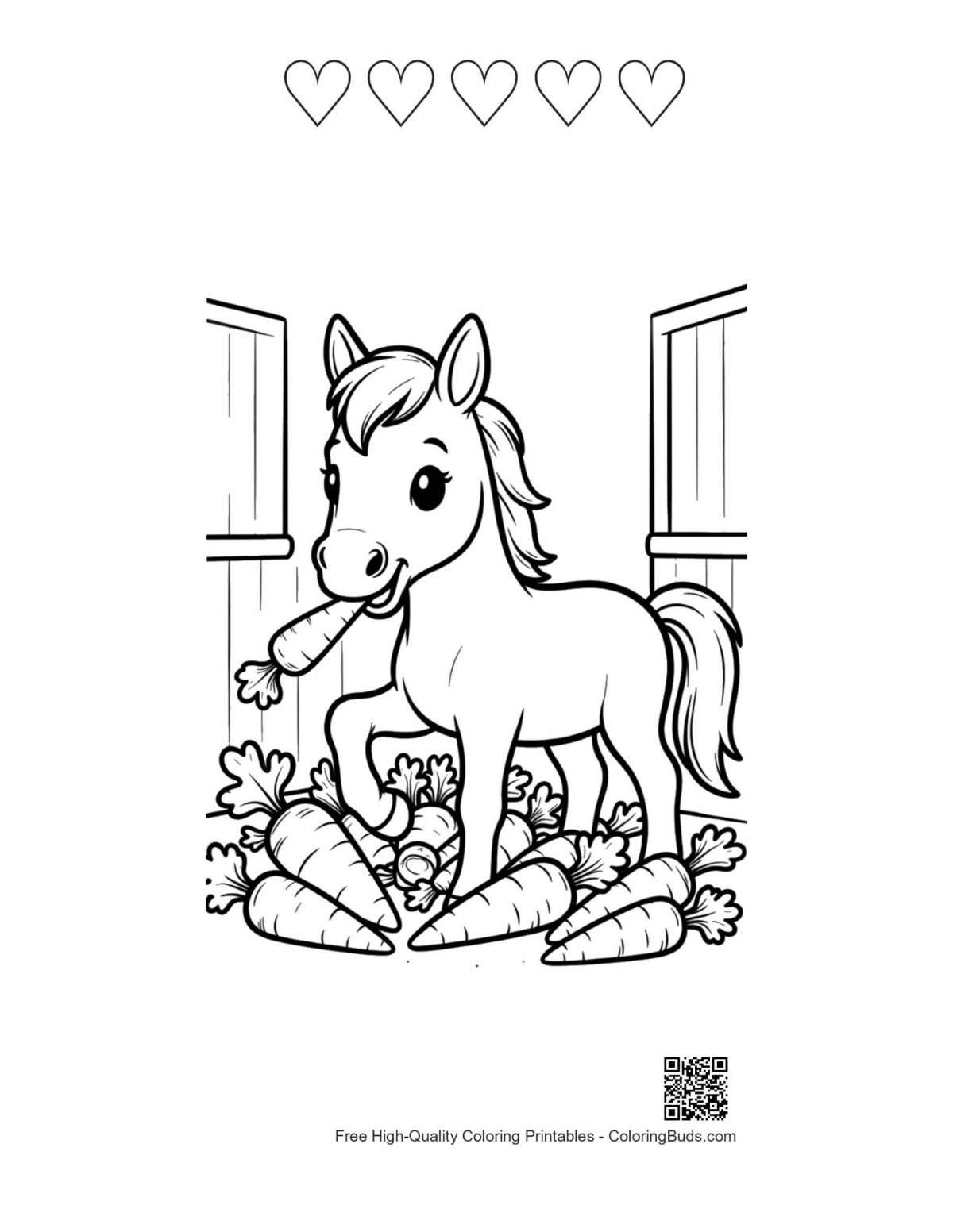 Printable happy race horse meal 5 hearts outline page