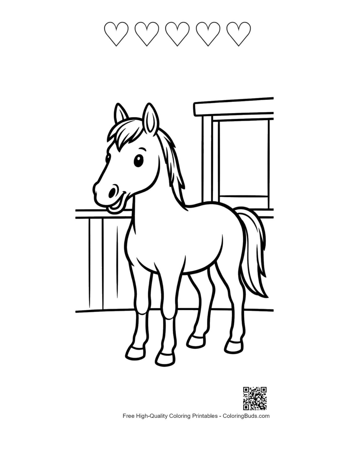 Healthy race horse with 5 heart outlines stable printable