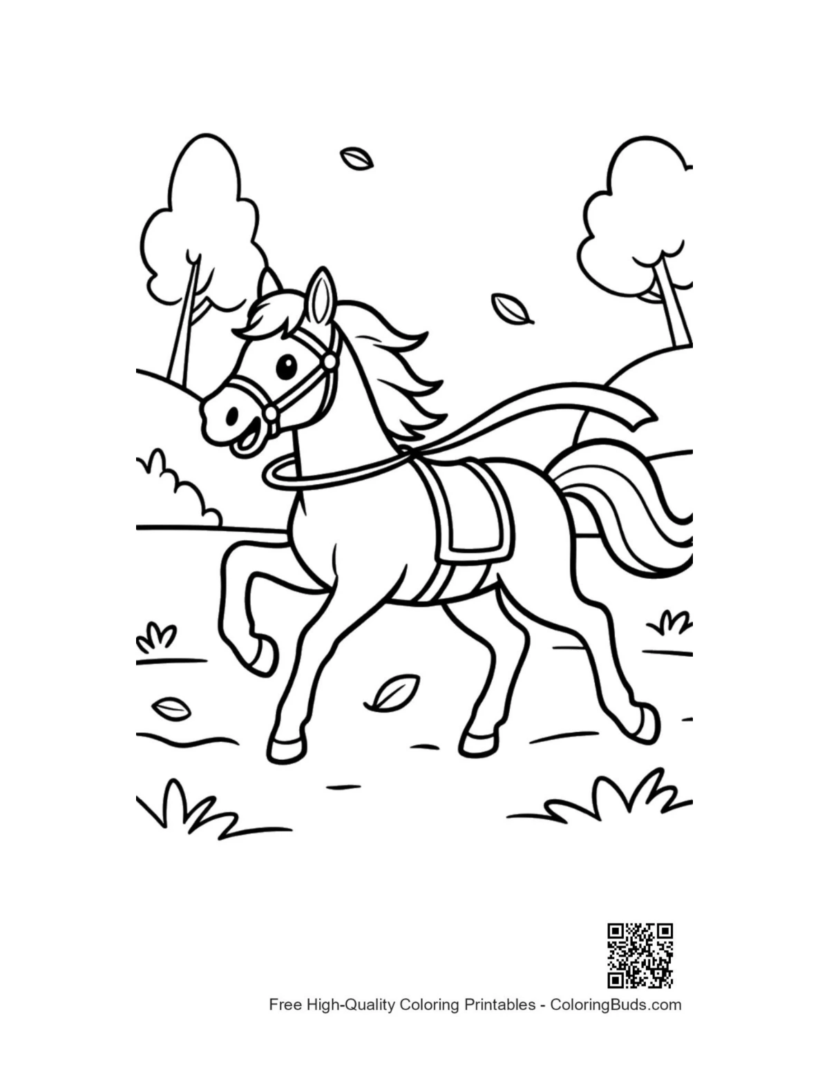 Powerful race horse galloping scenic forest trail printable