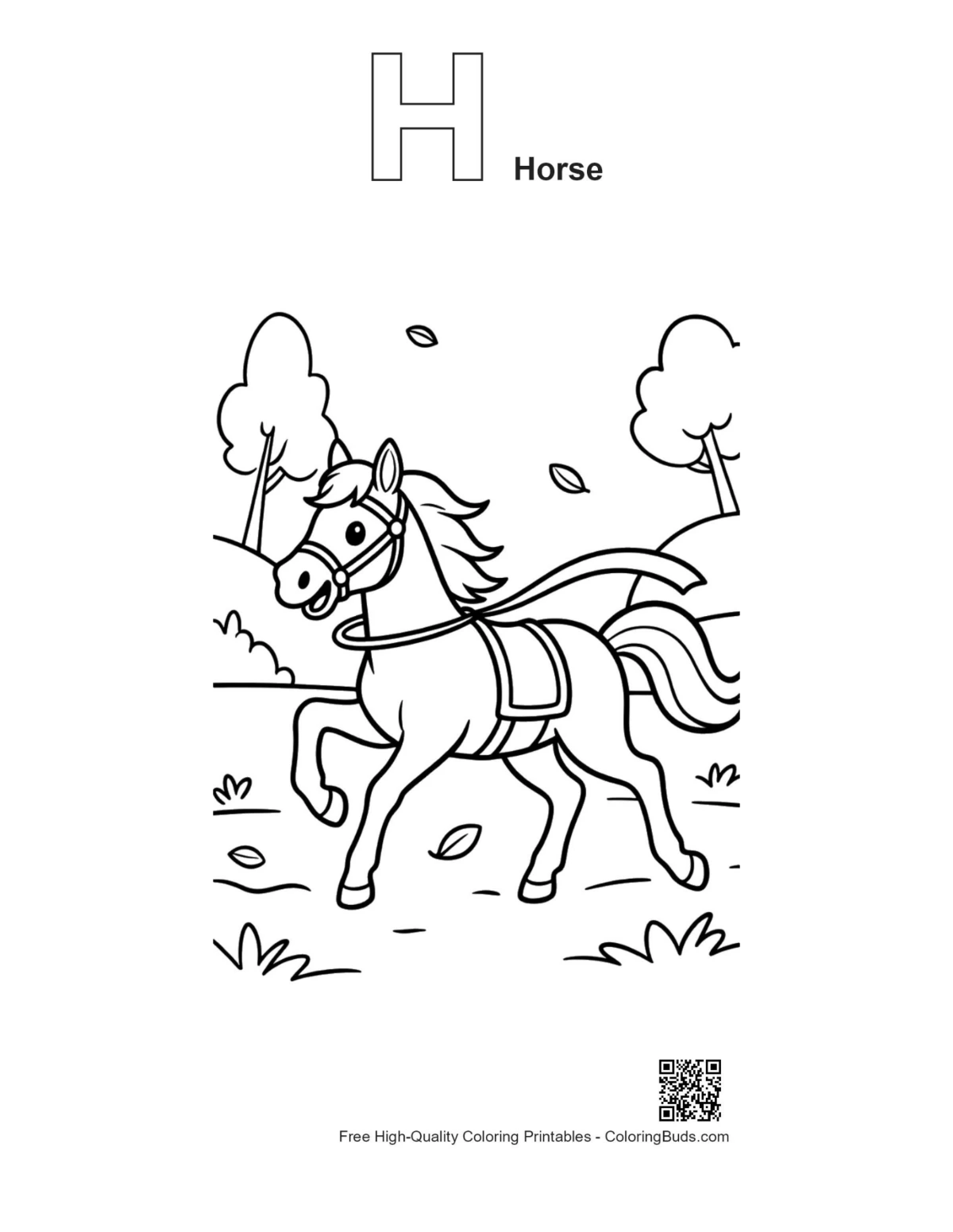 Outline race horse forest trail printable alphabet H