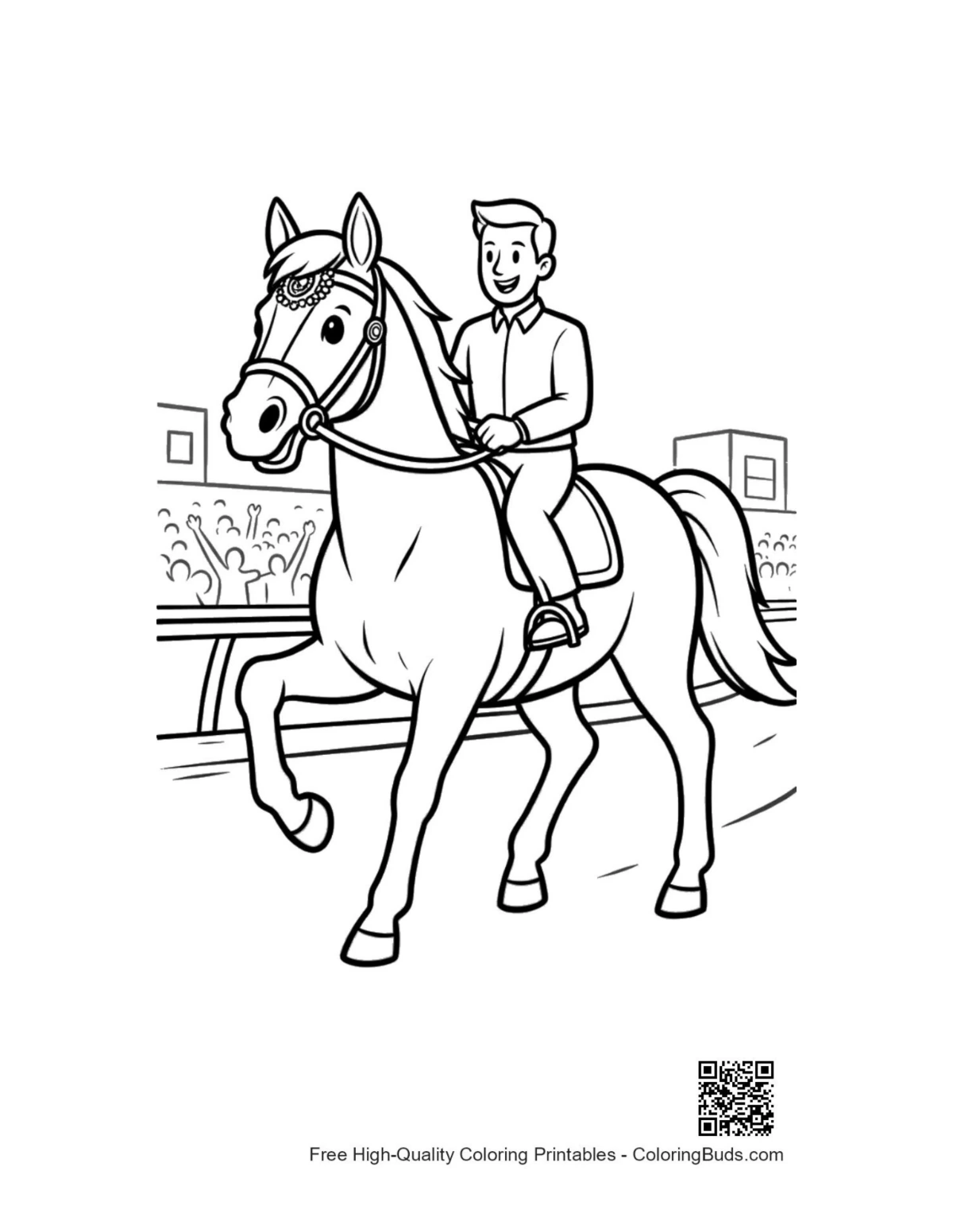 Printable race horse coloring page with rider training