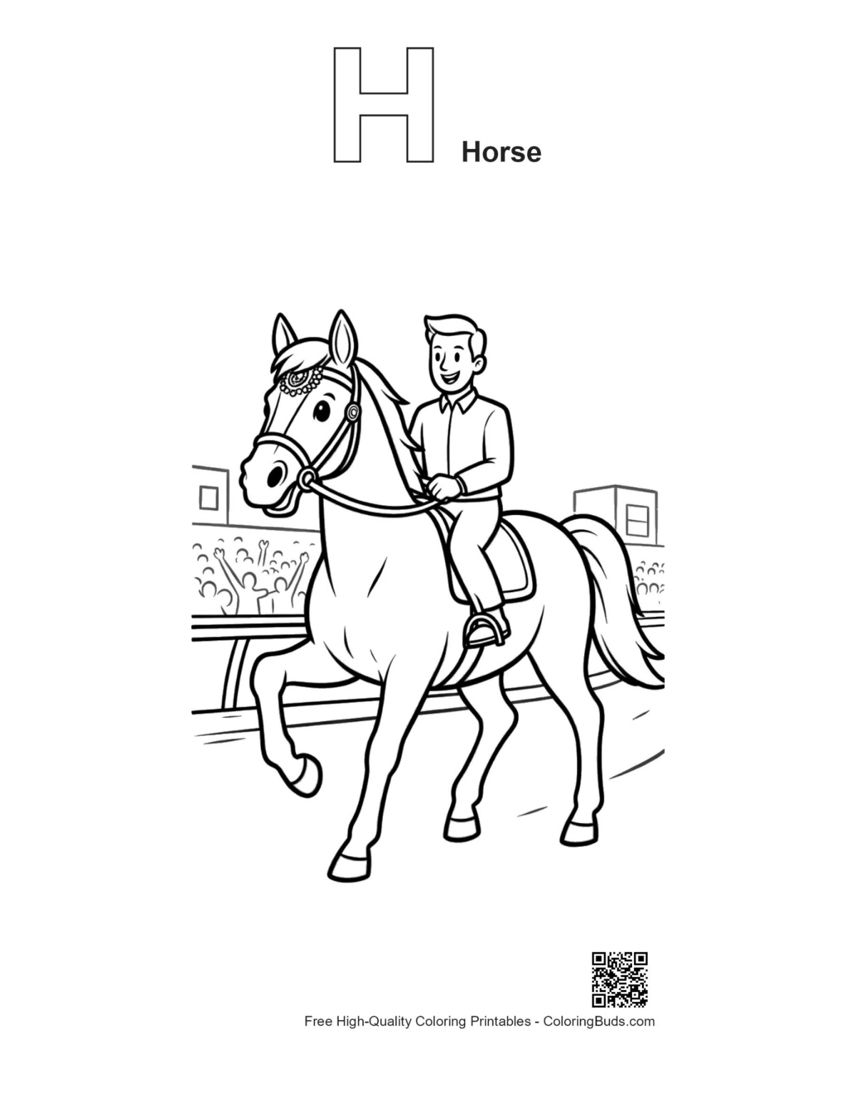 Alphabet H race horse training printable coloring page