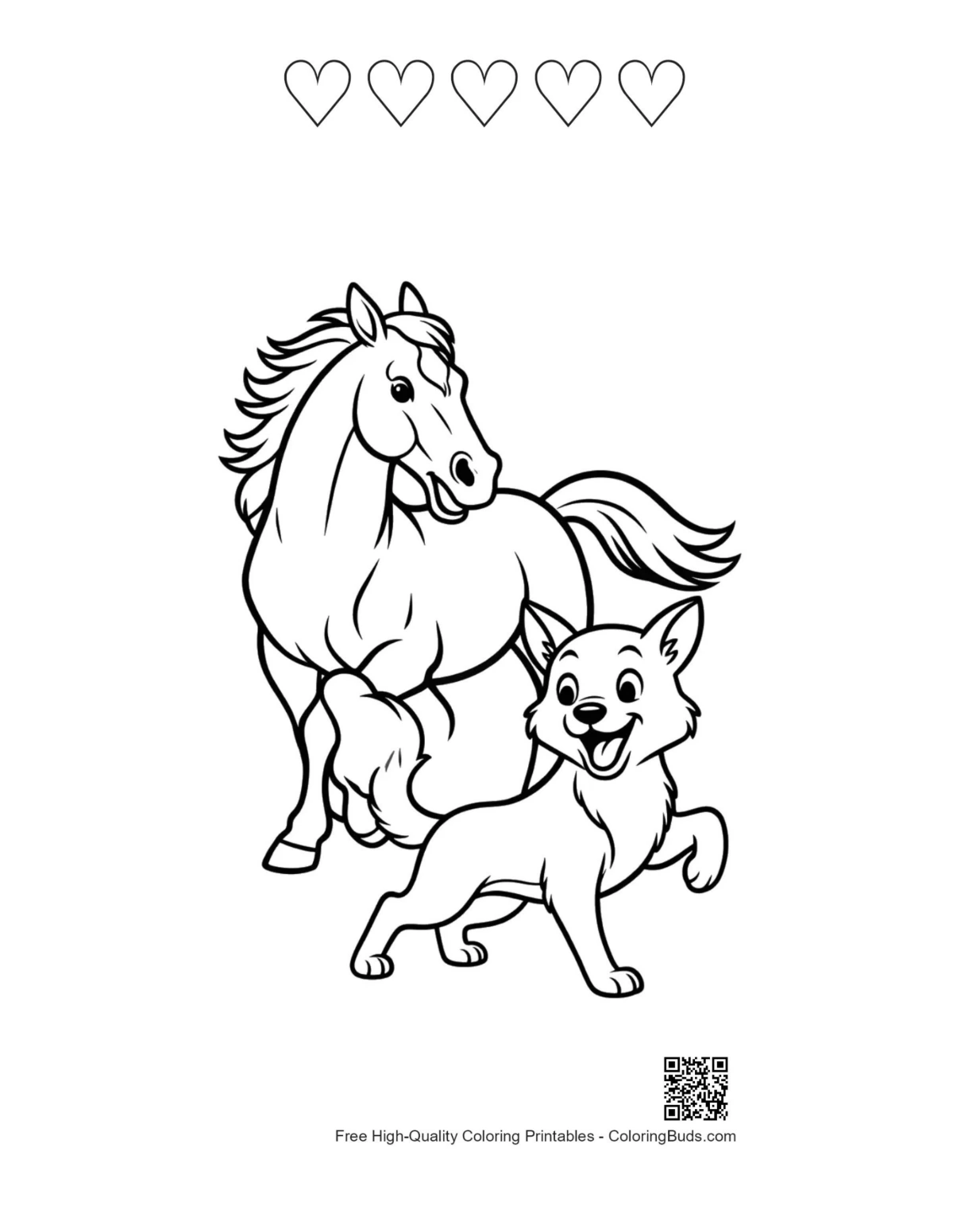 Printable race horse puppy art with 5 hearts