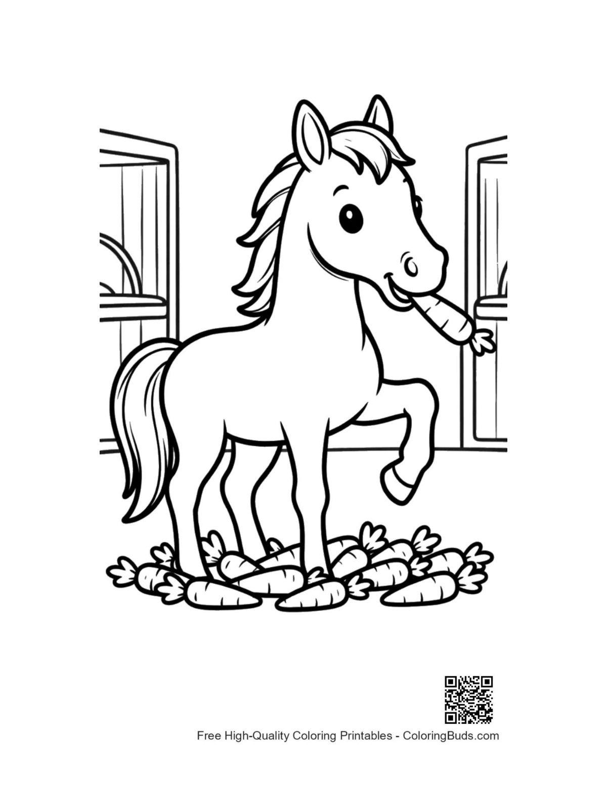 Race horse eating carrots rustic barn coloring printable