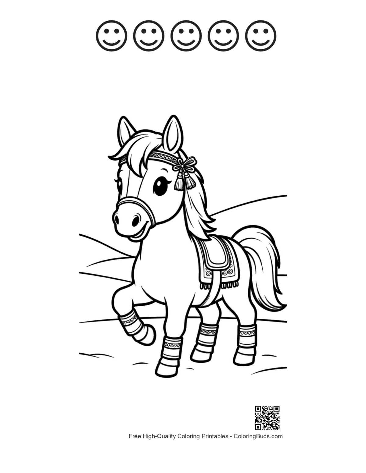 Race horse with 5 happy faces outline printable