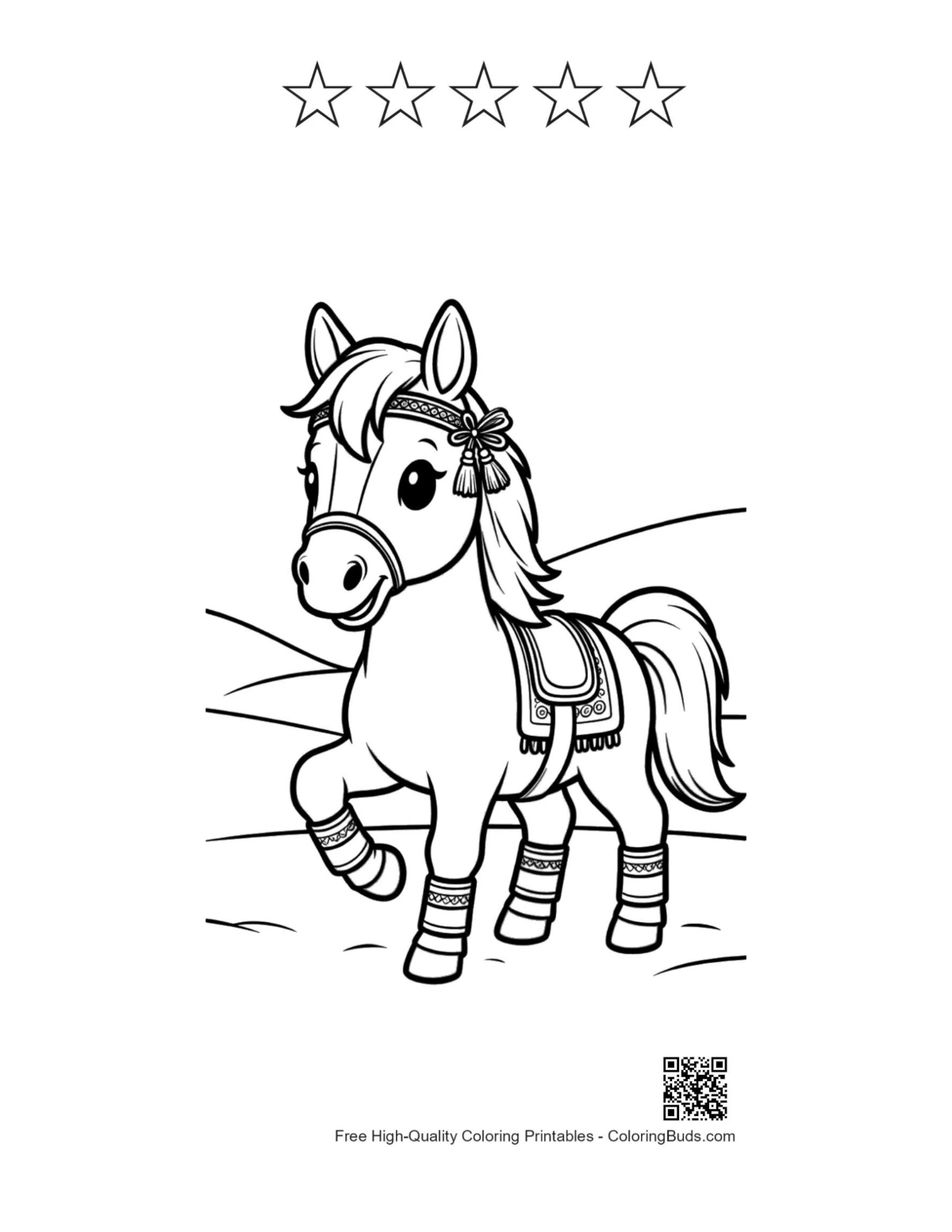 Race horse printable with 5 star outlines for kids
