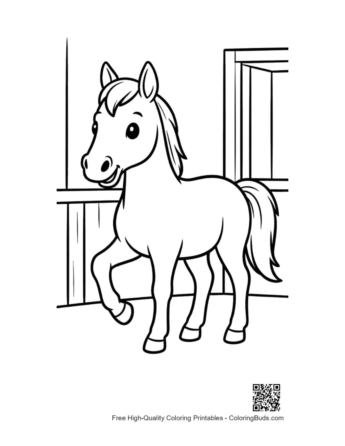 Proud race horse in stable stall printable