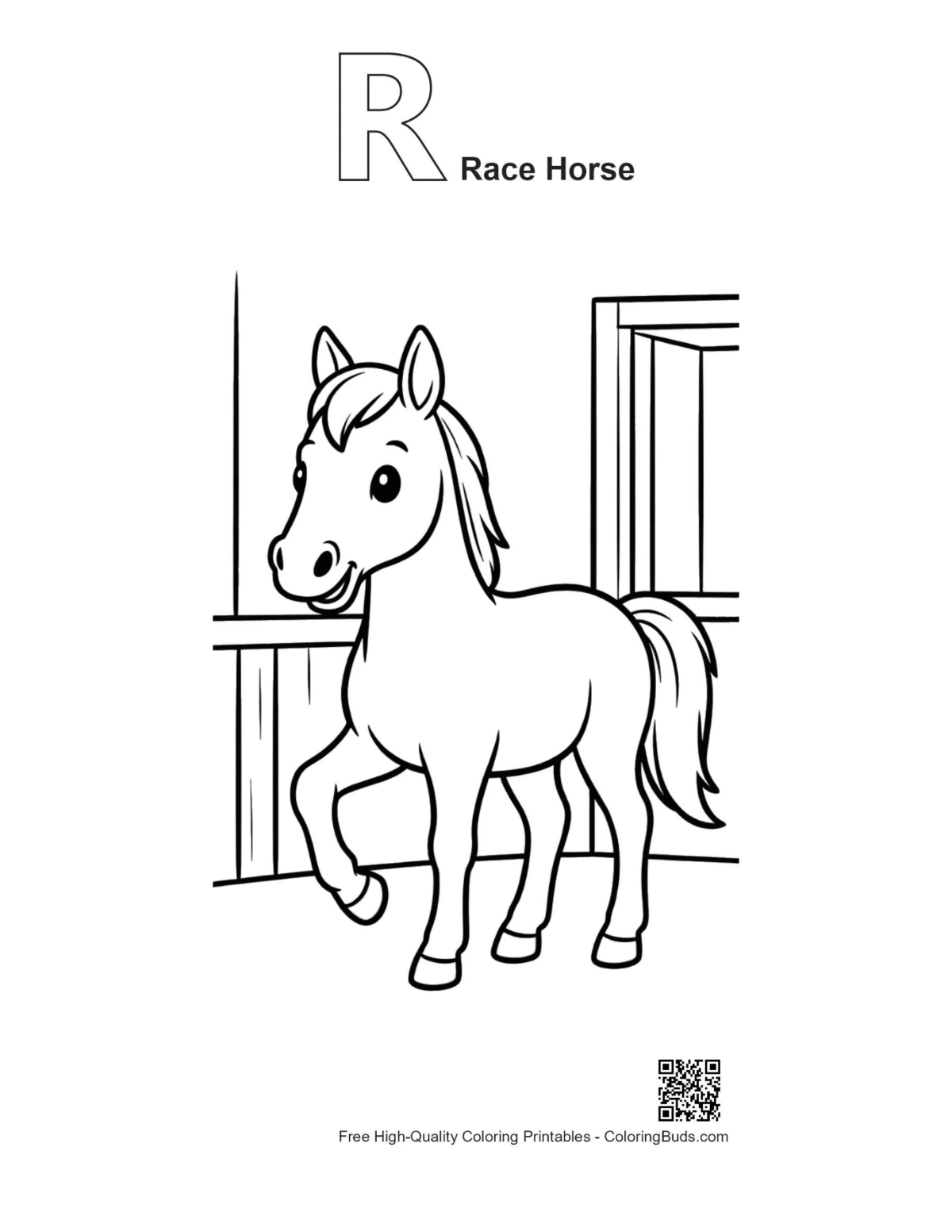 Race horse coloring page with alphabet R outline