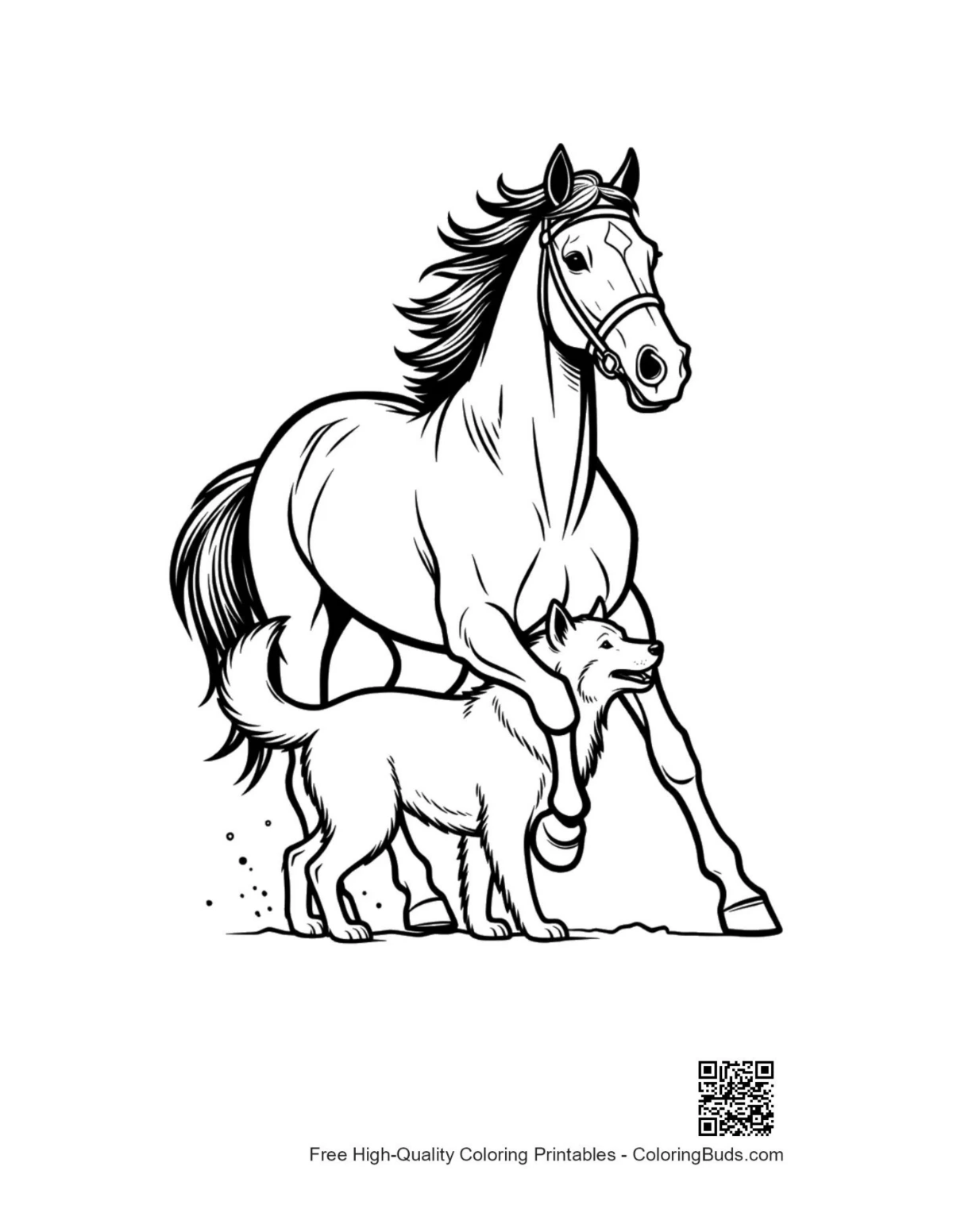 Galloping racehorse with playful husky pup illustration