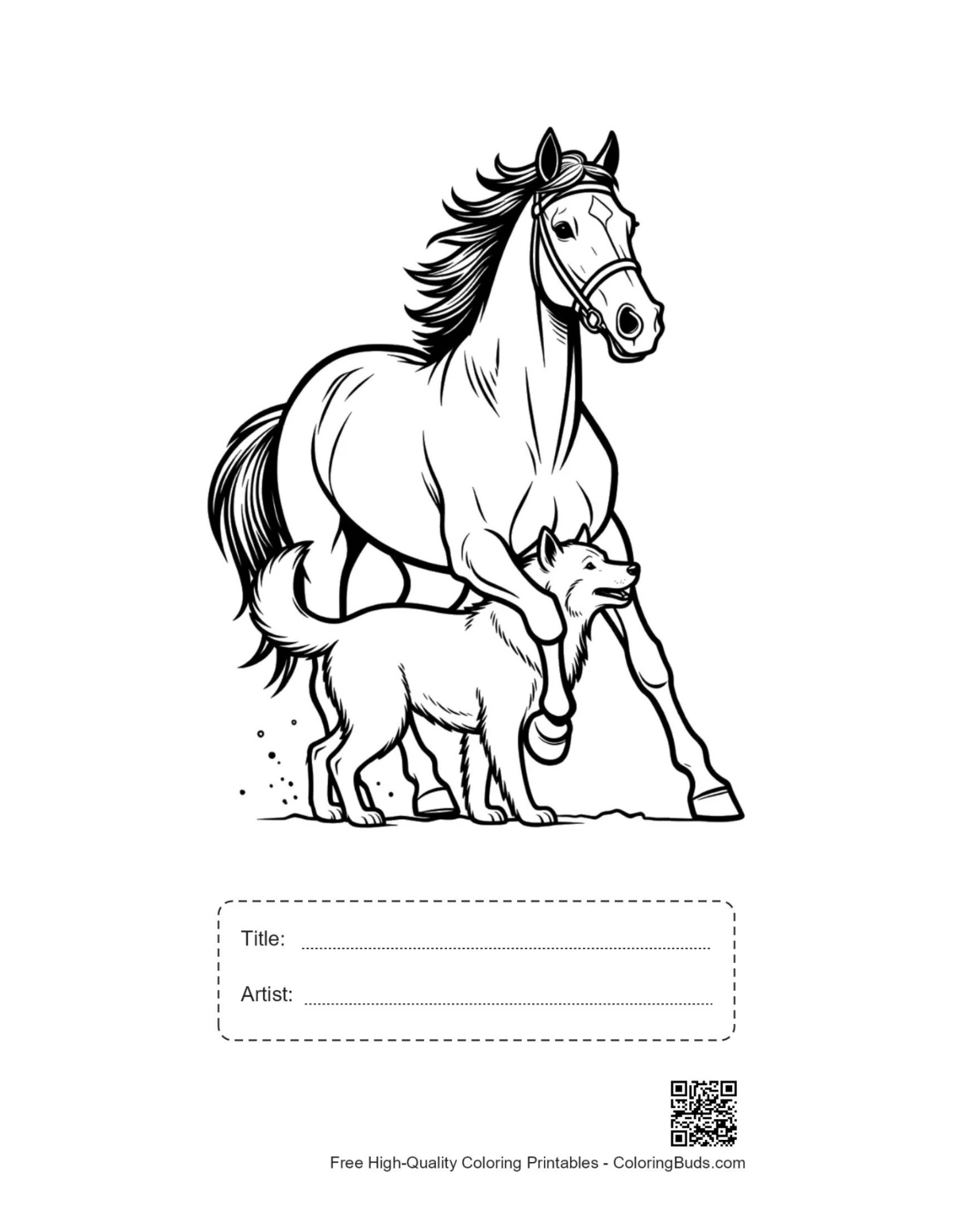 Printable racehorse and husky pup with title box