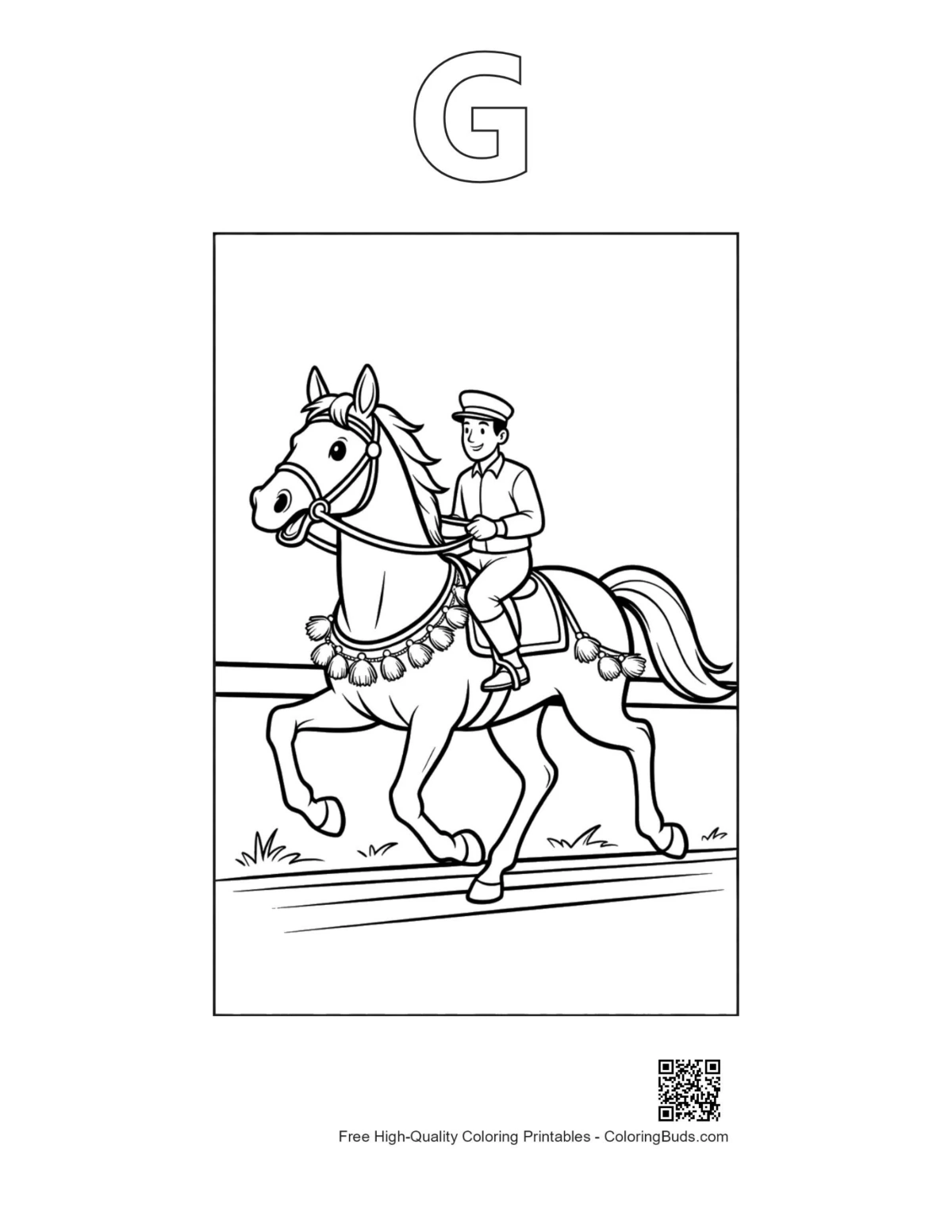 Race horse printable outline with alphabet G