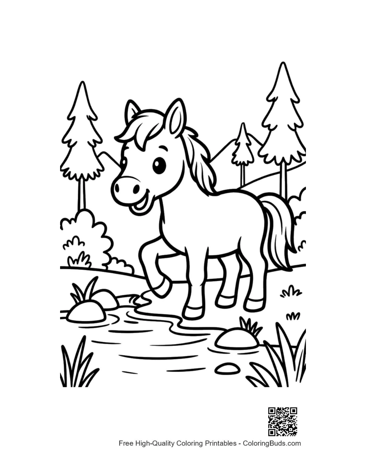 Adorable baby wild horse in cozy knitted scarf coloring page