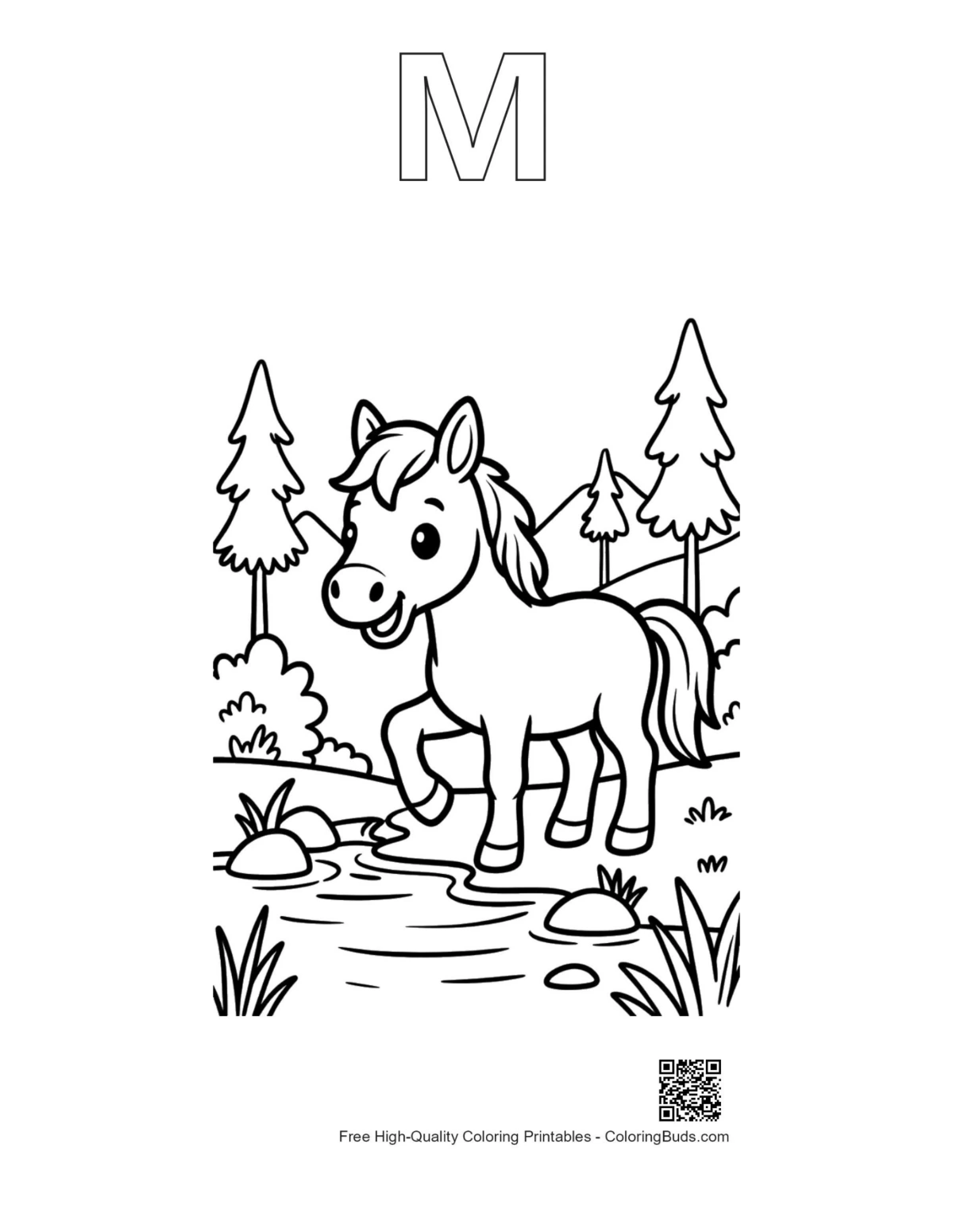 Baby horse knitted scarf coloring with alphabet M outline