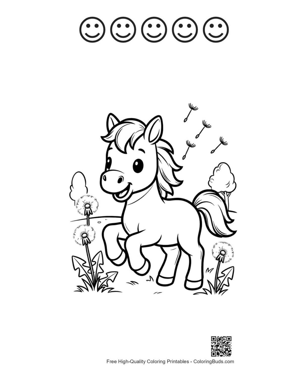 Cute wild horse 5 happy faces coloring printable