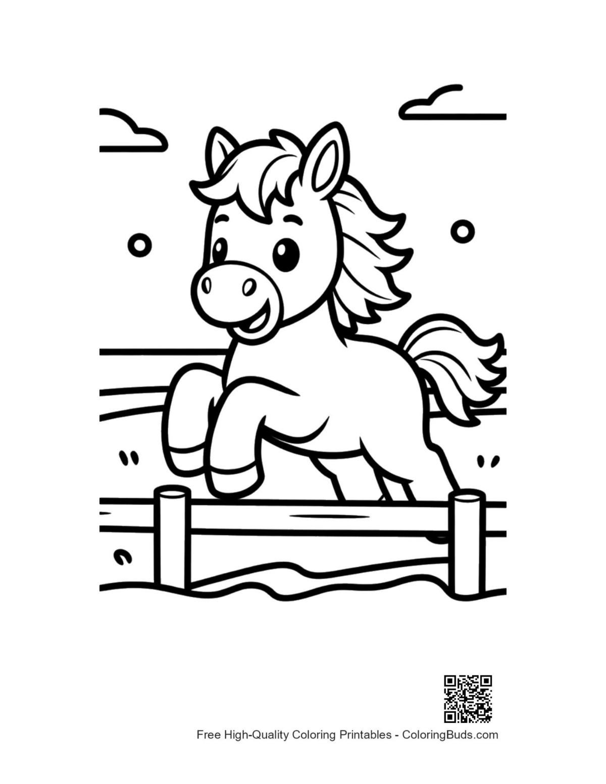 Cute wild horse foal with school backpack coloring page