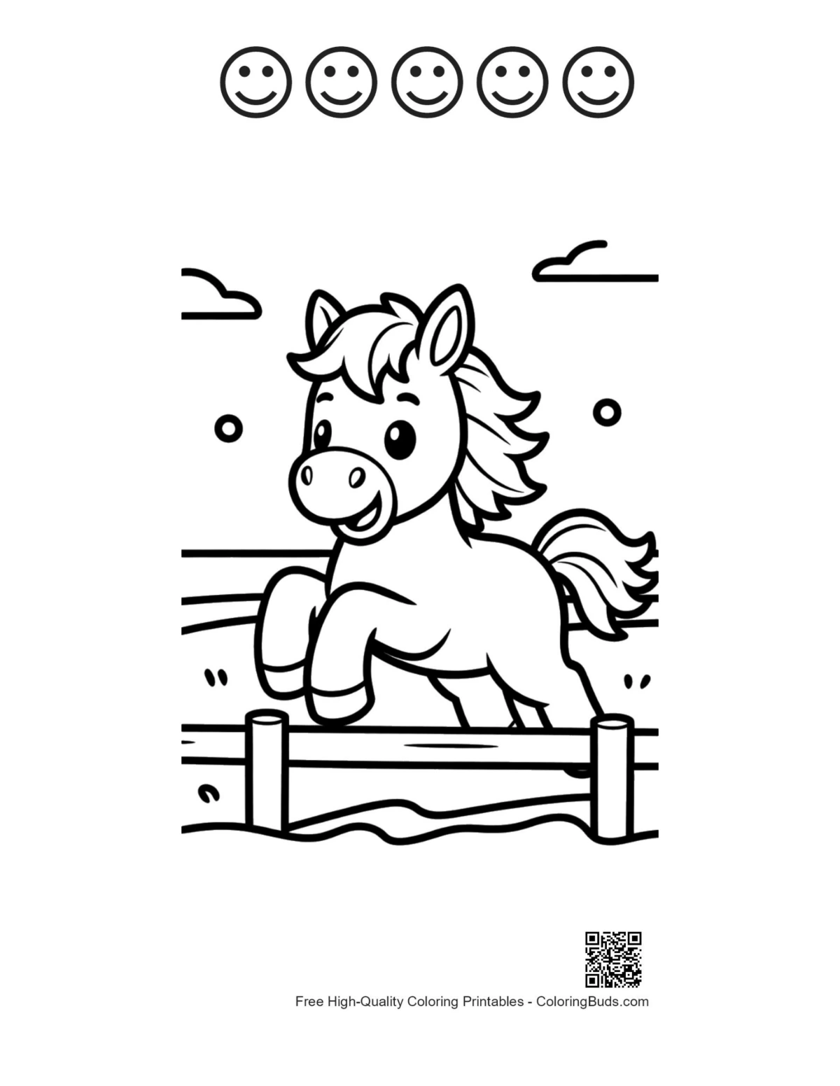 Foal with backpack and happy faces wild horse coloring page
