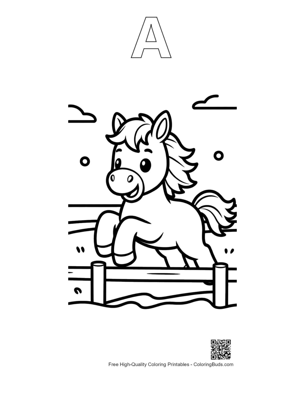 Cute foal backpack coloring page with alphabet A outline